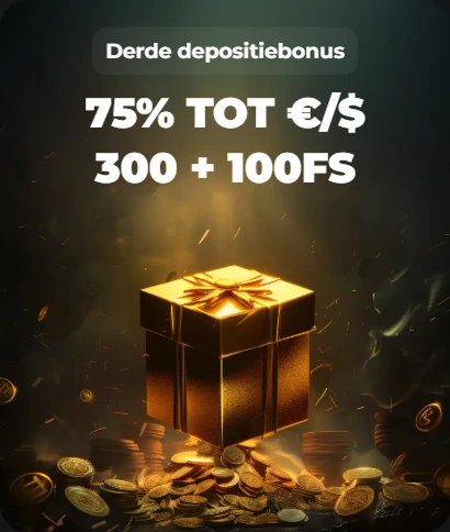 Derde stortbonus 75% tot €300 + 100 gratis spins promotie